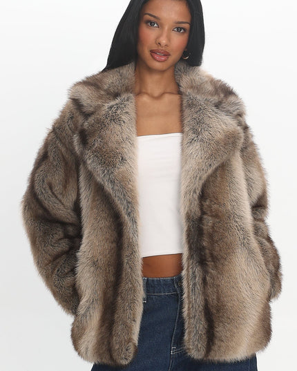 Brown Notch Lapel Faux Fur Coat