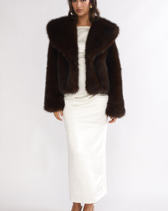 Oversized Lapel Faux Fur Jacket Coffee