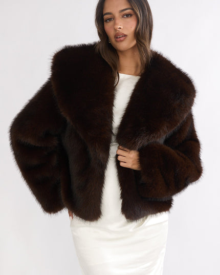 Oversized Lapel Faux Fur Jacket Coffee