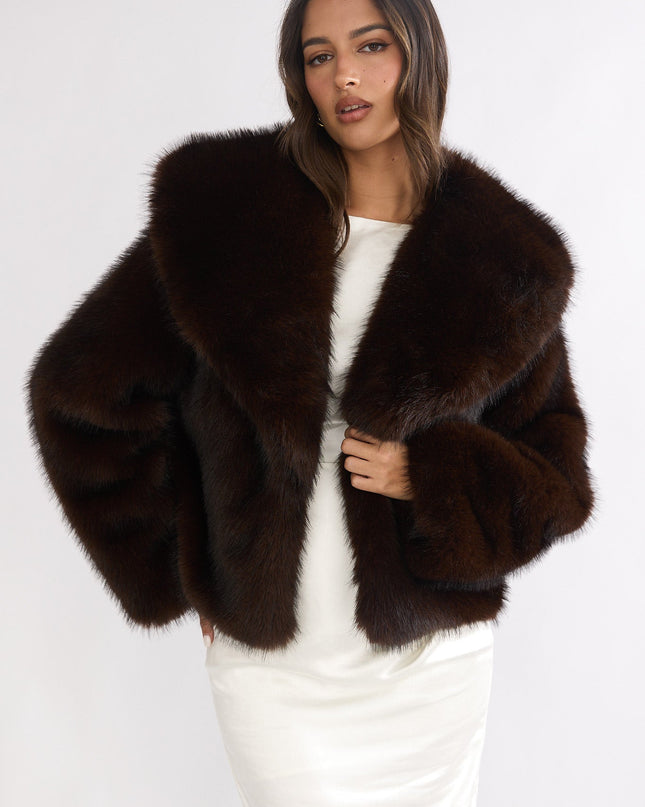 Oversized Lapel Faux Fur Jacket Coffee