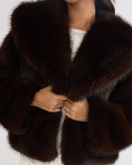 Oversized Lapel Faux Fur Jacket Coffee