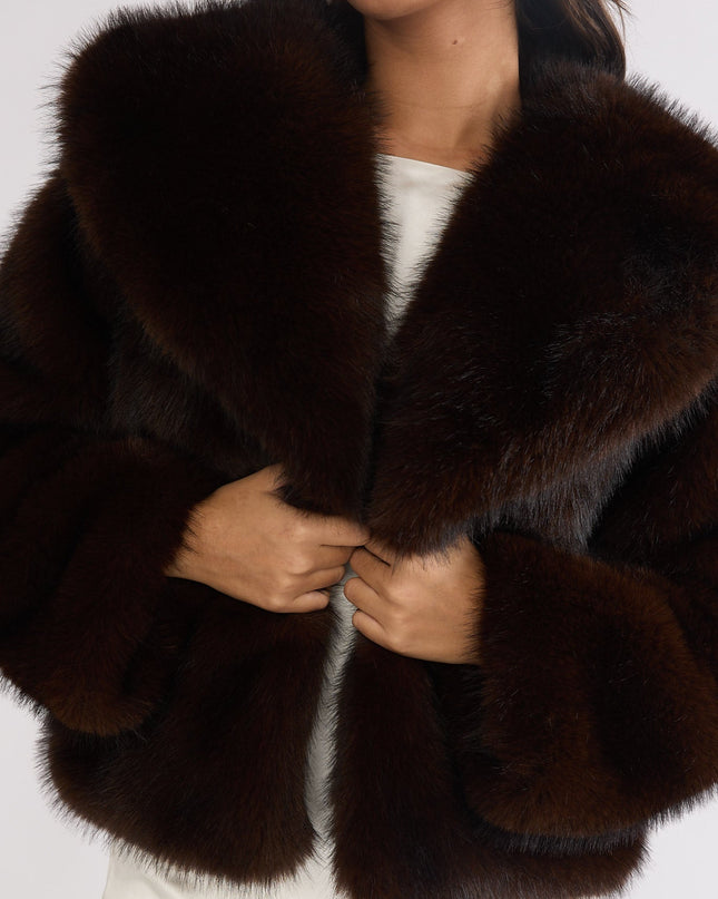 Oversized Lapel Faux Fur Jacket Coffee