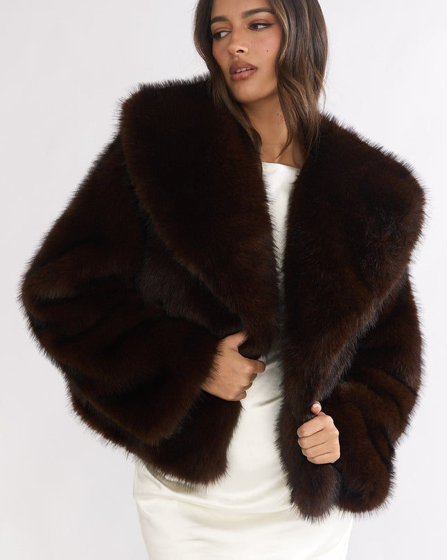 Oversized Lapel Faux Fur Jacket Coffee