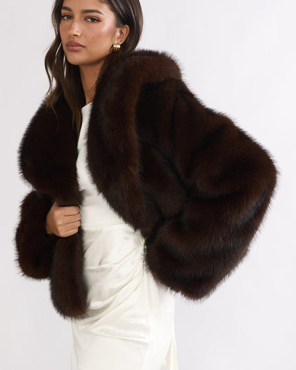 Oversized Lapel Faux Fur Jacket Coffee