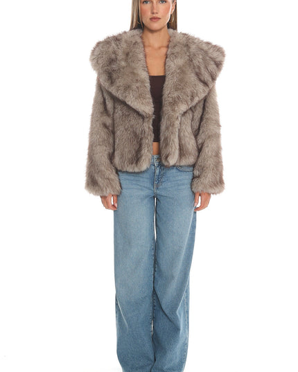 Taupe Oversized Lapel Faux Fur Jacket