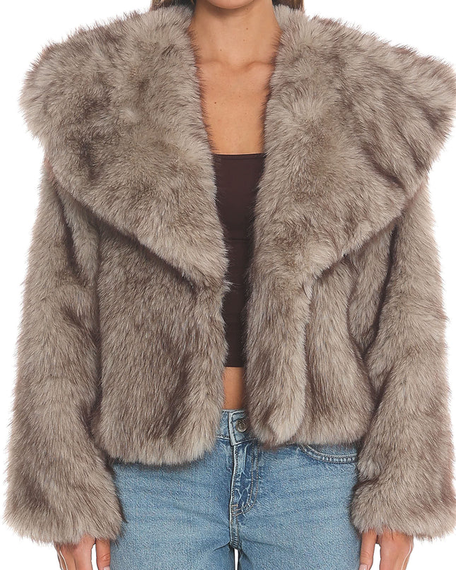 Taupe Oversized Lapel Faux Fur Jacket