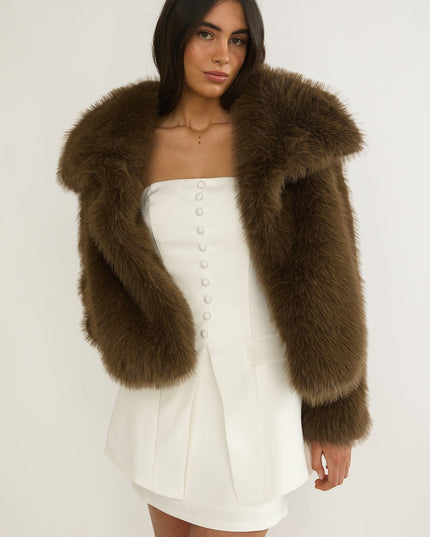 Oversized Lapel Faux Fur Jacket Coffee