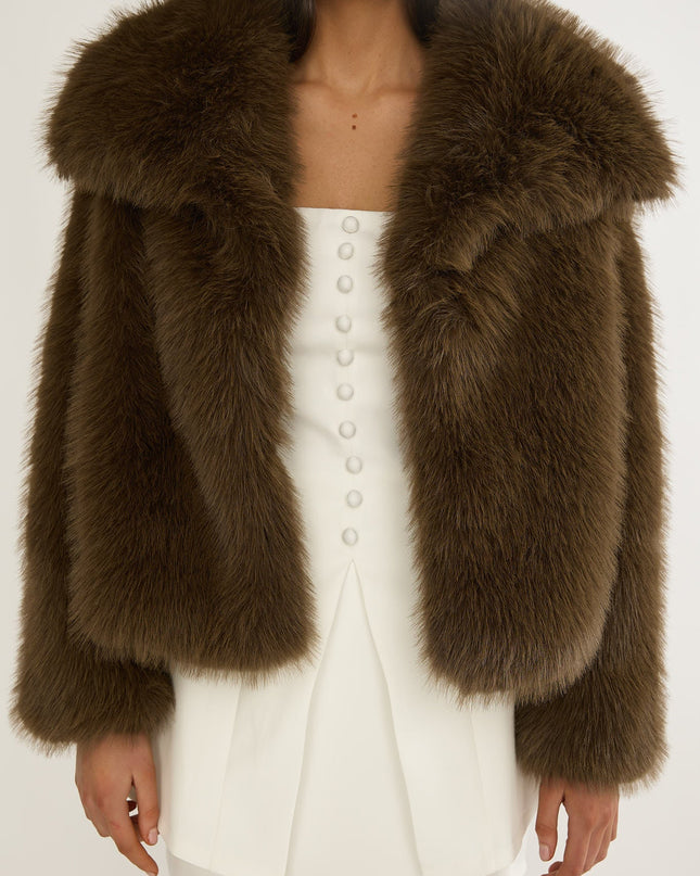 Oversized Lapel Faux Fur Jacket Coffee