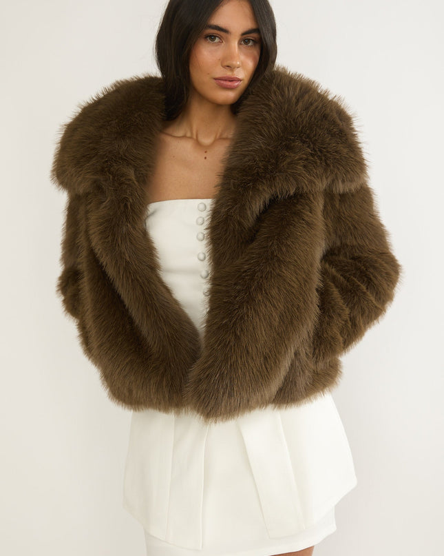 Oversized Lapel Faux Fur Jacket Coffee