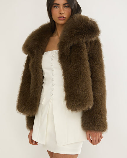 Oversized Lapel Faux Fur Jacket Coffee
