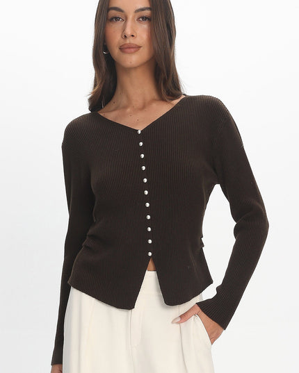 Chocolate Button Front Ribbed Knit Cardigan