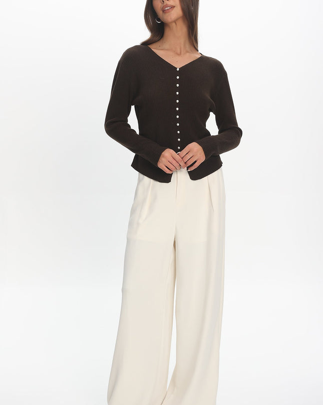 Chocolate Button Front Ribbed Knit Cardigan