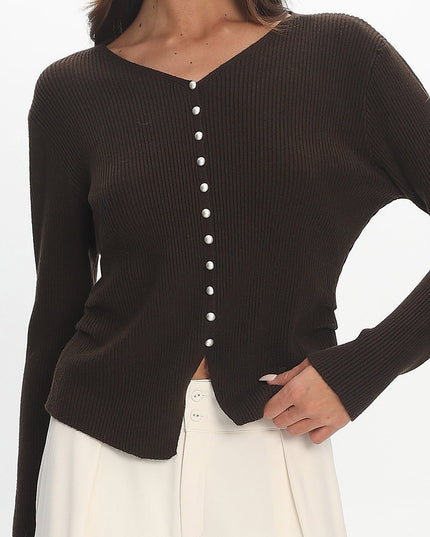 Chocolate Button Front Ribbed Knit Cardigan