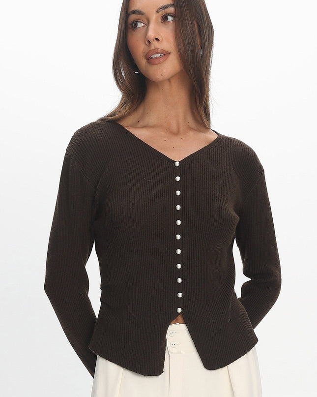 Chocolate Button Front Ribbed Knit Cardigan