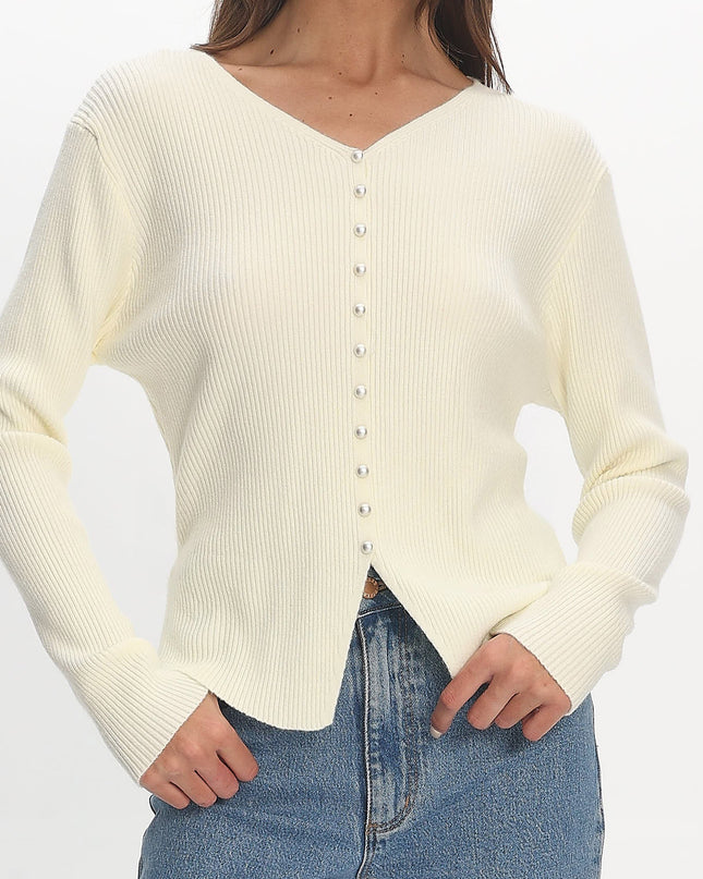Cream Button Front Ribbed Knit Cardigan