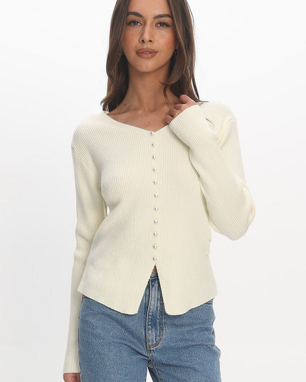 Cream Button Front Ribbed Knit Cardigan