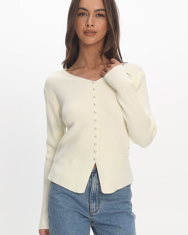 Cream Button Front Ribbed Knit Cardigan