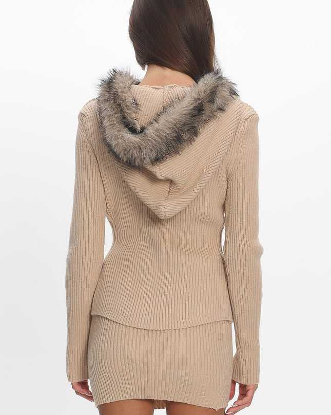 Sand Fur Collar Knit Top