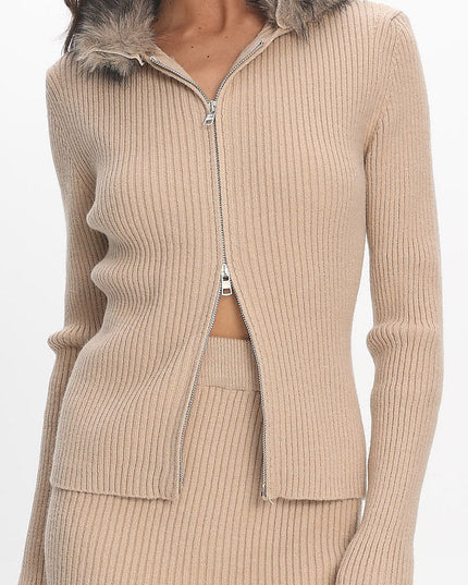 Sand Fur Collar Knit Top