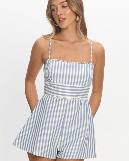 Blue Lace Trimmed Romper Stripe
