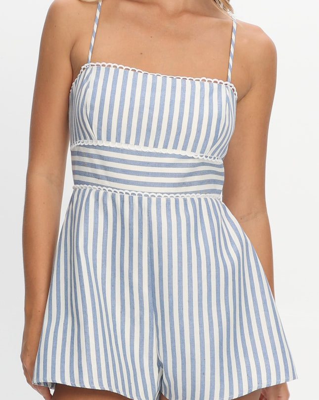 Blue Lace Trimmed Romper Stripe