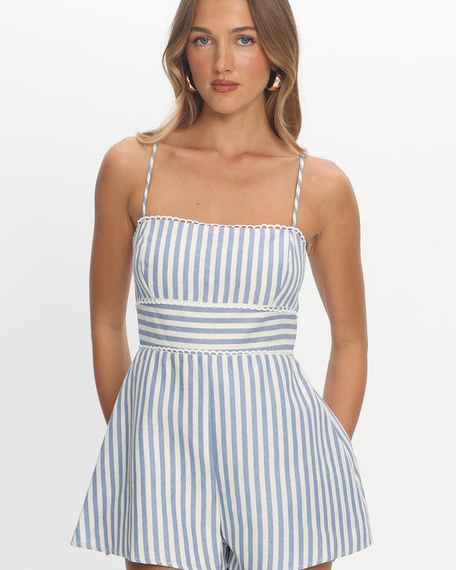 Blue Lace Trimmed Romper Stripe