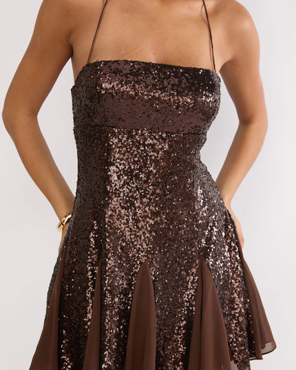 Brown Halterneck Godet Hem Mini Dress Dk