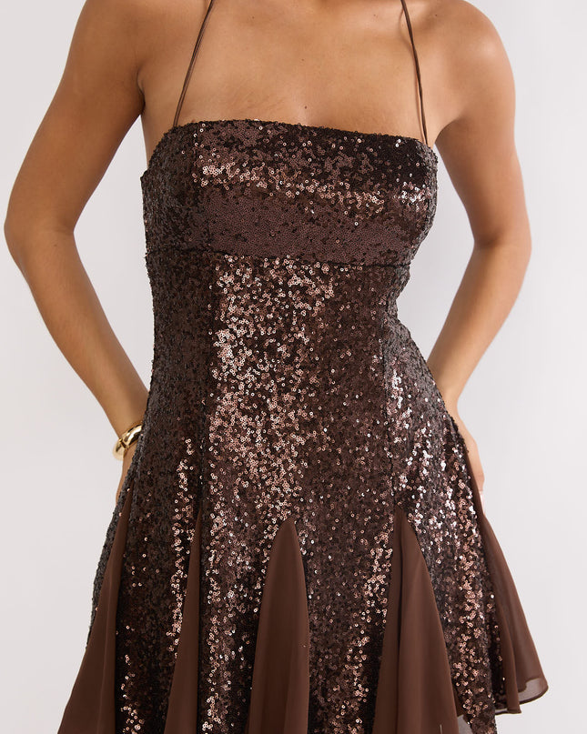 Brown Halterneck Godet Hem Mini Dress Dk