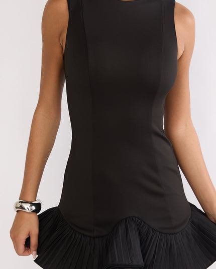 Black Pleat Frill Mini Dress