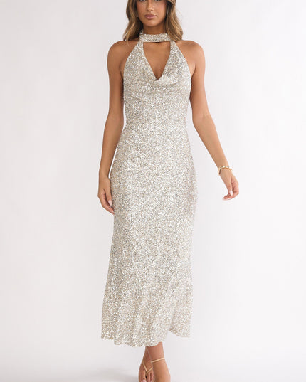Silver Sky Of Diamonds Backless Midi Dress Sequin