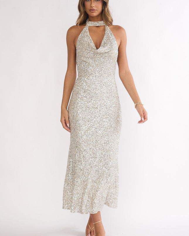 Silver Sky Of Diamonds Backless Midi Dress Sequin