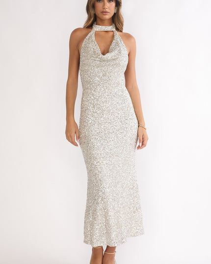 Silver Sky Of Diamonds Backless Midi Dress Sequin