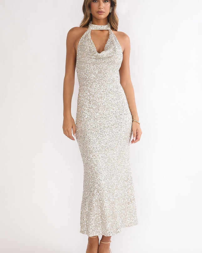 Silver Sky Of Diamonds Backless Midi Dress Sequin