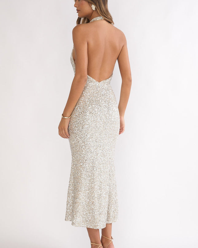 Silver Sky Of Diamonds Backless Midi Dress Sequin