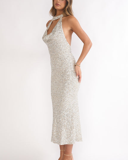 Silver Sky Of Diamonds Backless Midi Dress Sequin