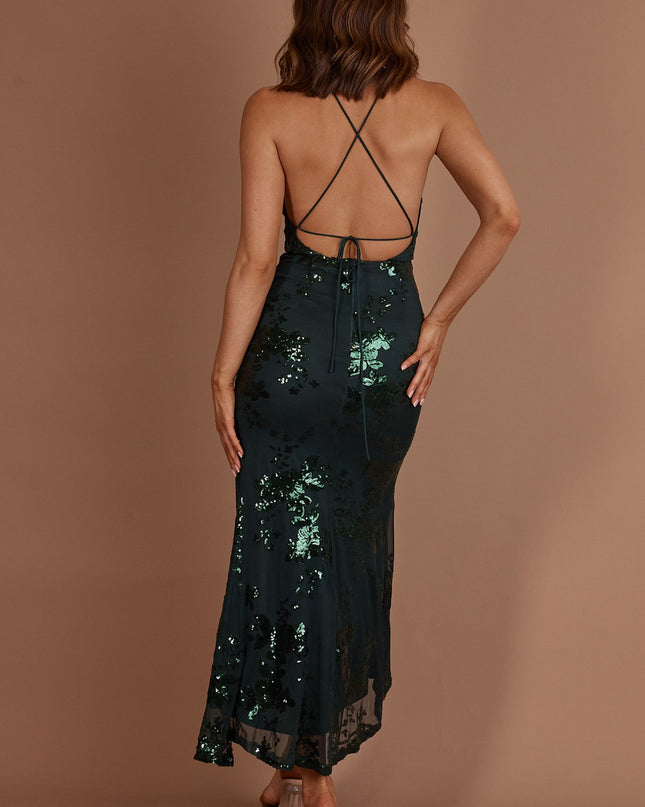 Forest Green Sequin Backless Midi Dress