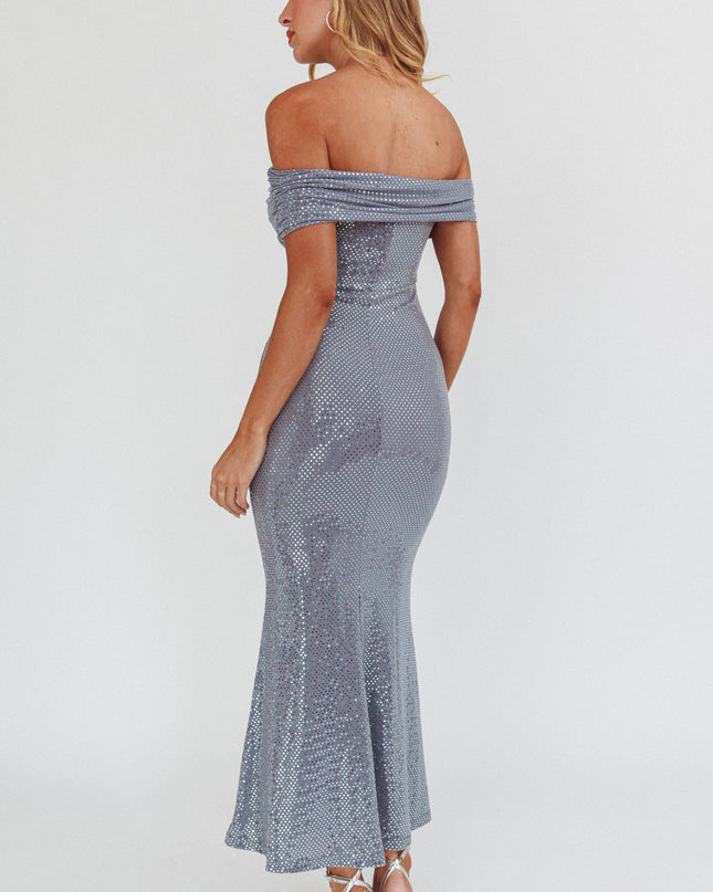Silver Off-Shoulder Maxi Dress Spangle