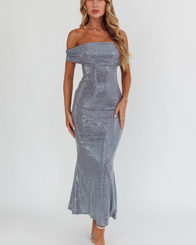 Silver Off-Shoulder Maxi Dress Spangle