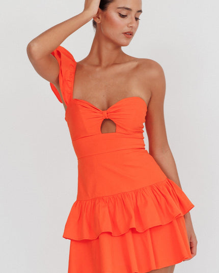 Tangerine Tea Time One Shoulder Ruffle Mini Dress