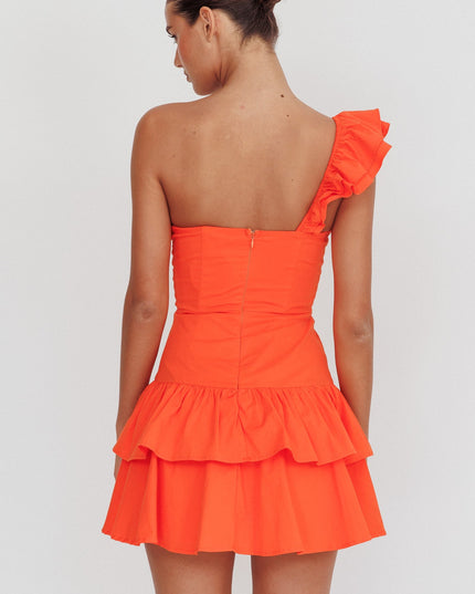 Tangerine Tea Time One Shoulder Ruffle Mini Dress
