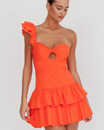 Tangerine Tea Time One Shoulder Ruffle Mini Dress