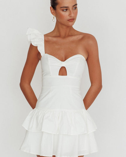 White Tea Time One Shoulder Ruffle Mini Dress