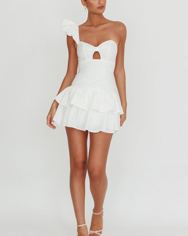 White Tea Time One Shoulder Ruffle Mini Dress