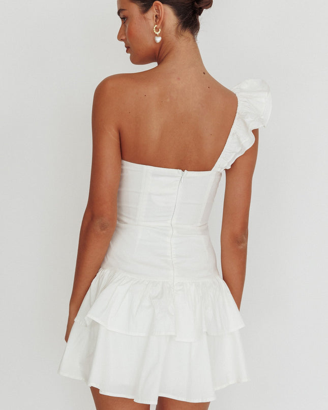 White Tea Time One Shoulder Ruffle Mini Dress
