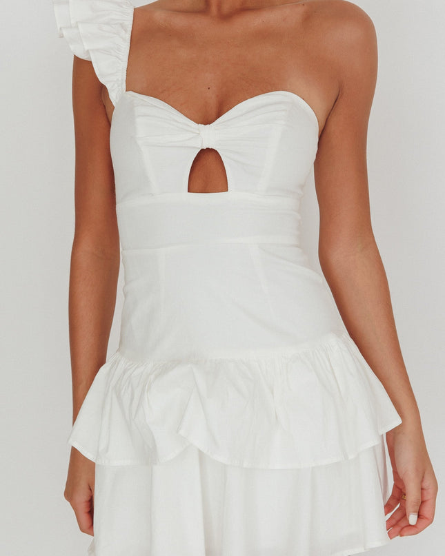 White Tea Time One Shoulder Ruffle Mini Dress