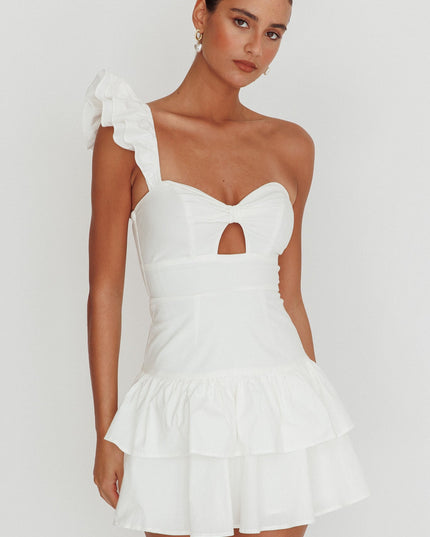 White Tea Time One Shoulder Ruffle Mini Dress