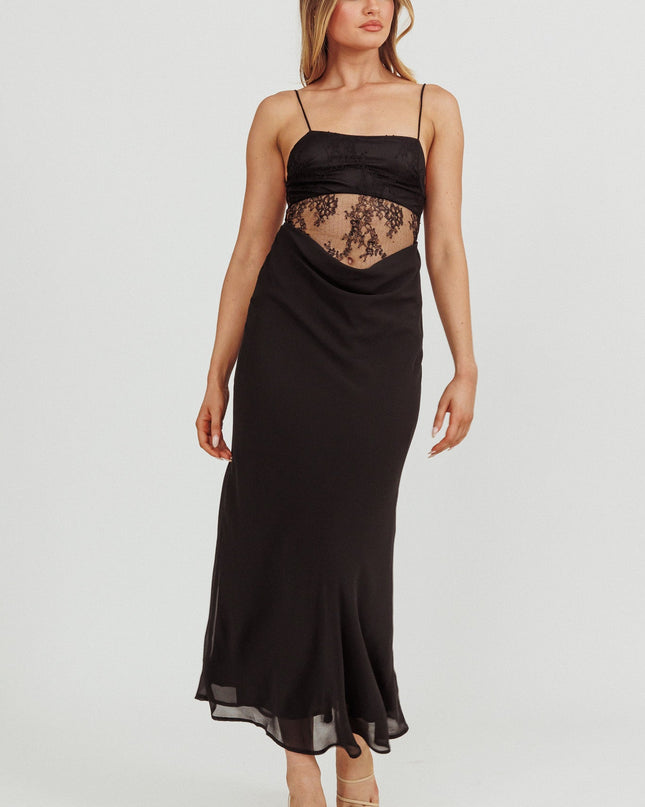 Black Backless Lace Waist Maxi Dress