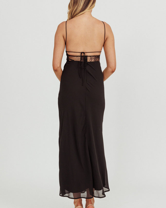 Black Backless Lace Waist Maxi Dress