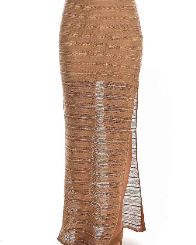 Camel Crochet-Knit Maxi Skirt