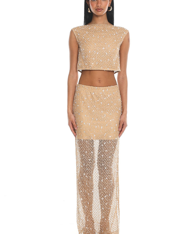 Beige Sequin Maxi Skirt